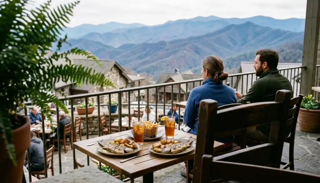 Couple dining on a mountain-town terrace, a lunch stop on the best day trips from Clayton, GA