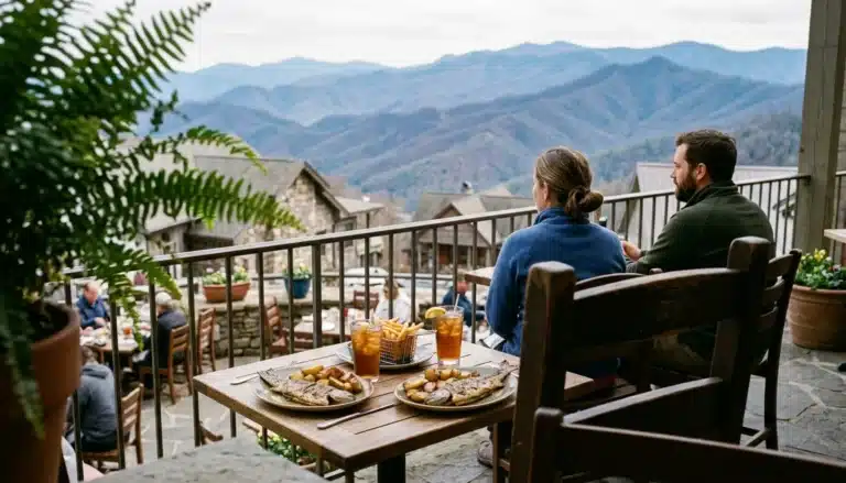 Couple dining on a mountain-town terrace, a lunch stop on the best day trips from Clayton, GA