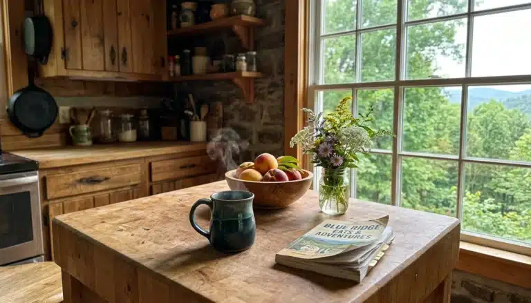 Sunlit cabin kitchen with coffee and peaches, a cozy base for finding the best restaurants in Clayton, GA