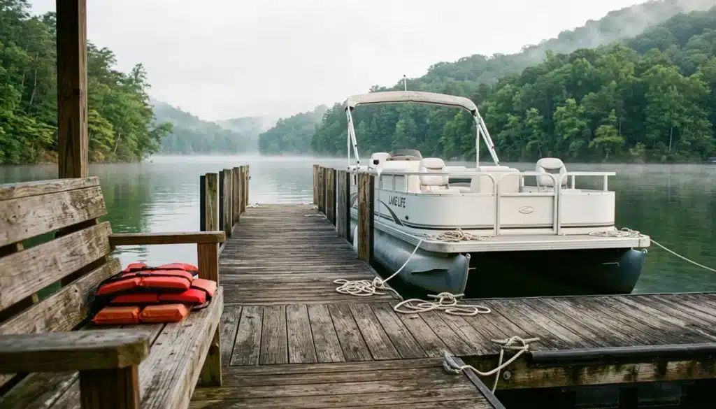 Tritoon pontoon boat at a dock for Lake Burton boat rental in Clayton, GA on a calm overcast morning