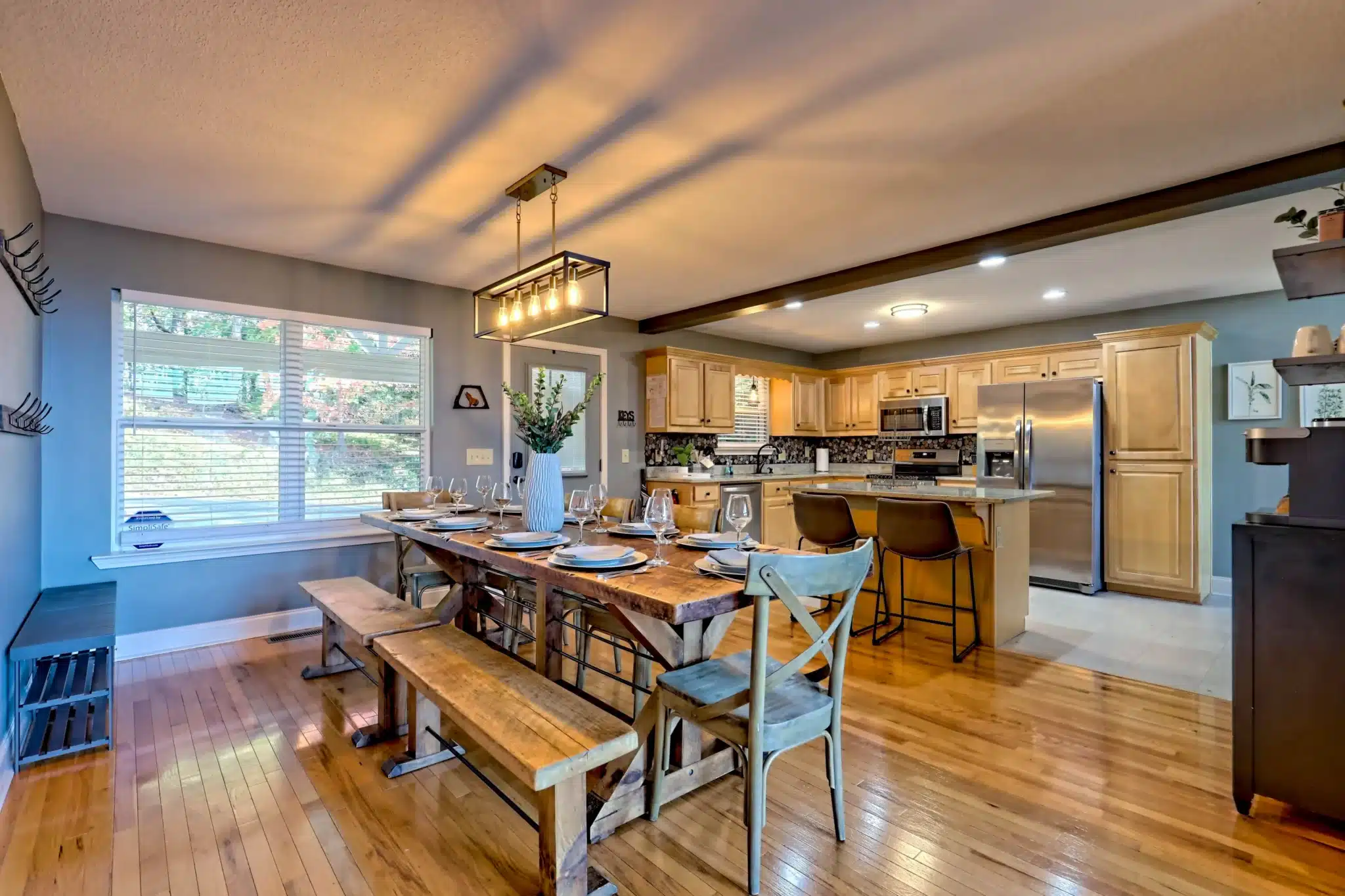 Farmhouse dining table set for dinner, a group-friendly option beyond the best restaurants in Clayton