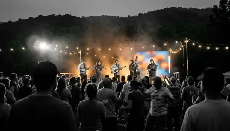 Crowd silhouettes at an outdoor mountain concert, one of the things to do in Clayton, GA after dark
